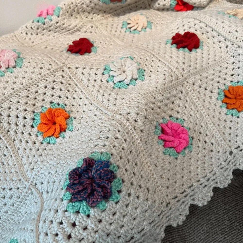 Handmade Crochet Afghan Blanket Puff 3D Flowers Cotton Blend 72x52 Boho Cottagec